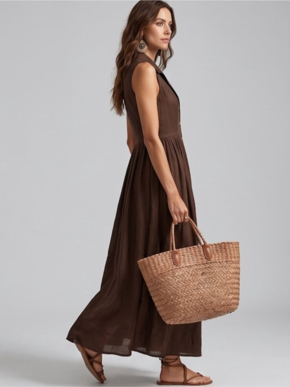 Rich Espresso Brown Button-Down A-Line Maxi Dress | Sleeveless Notch Collar - Picture 4 of 9